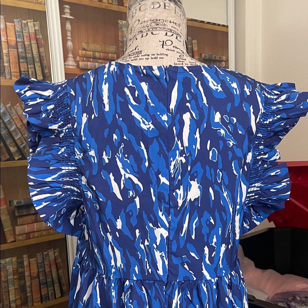 Blue and White Patterned Ruffle Dress - Picture 4 of 5